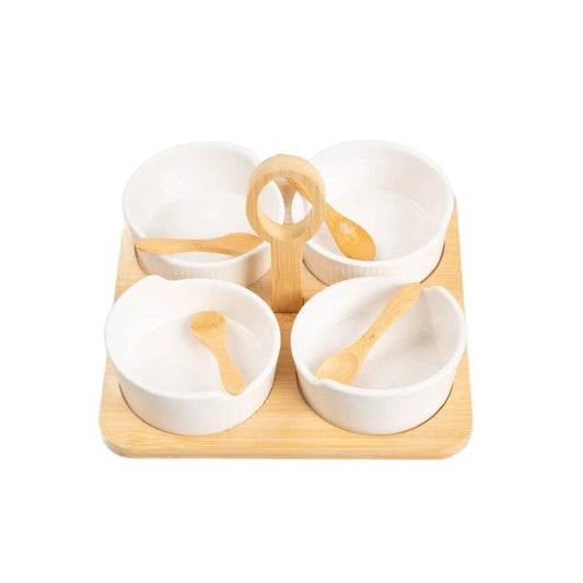 FINCAN Serving Bowls Set of 4 - White Ceramic & Bamboo