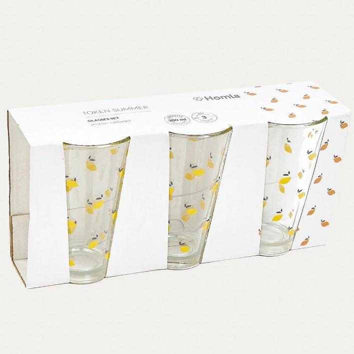 TOKEN SUMMER Glass Mugs in Lemons, Set of 3, 0.3L