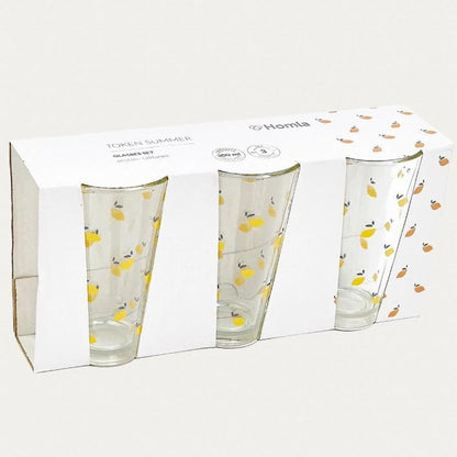 TOKEN SUMMER Glass Mugs in Lemons, Set of 3, 0.3L