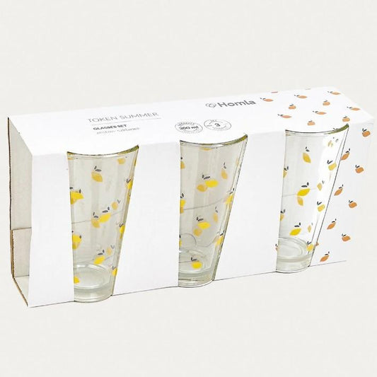 TOKEN SUMMER Glass Mugs in Lemons, Set of 3, 0.3L